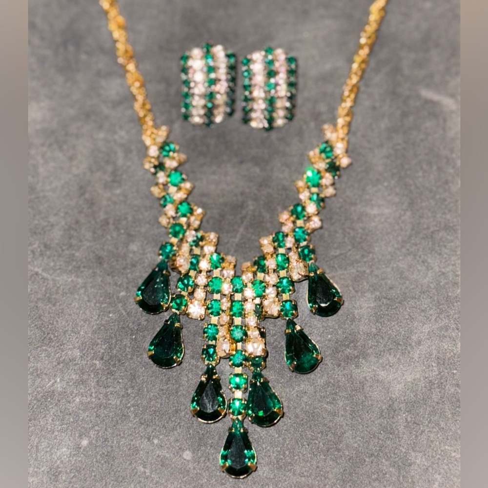 Goldtone Green Crystal Necklace & Earrings Set